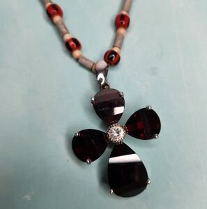 Vintage Sterling Silver Marcasite and Garnet Cross Pendant Necklace